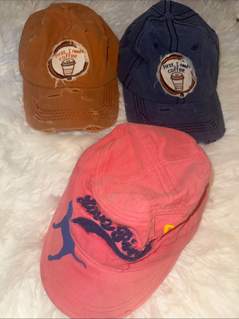 PINK Victoria's Secret Coral Pink Logo Cap with Navy & Tan Coffee Patch Caps
